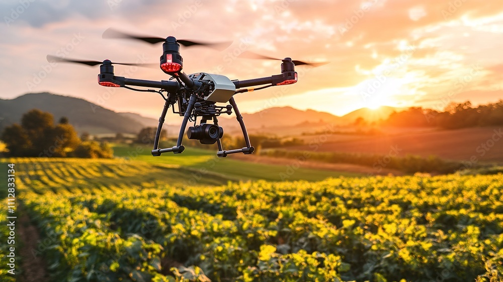 A drone capturing aerial images of a farm, providing real-time data for digital agriculture analysis. A drone capturing aerial images of a farm, providing real-time data for digital agriculture analysis.
