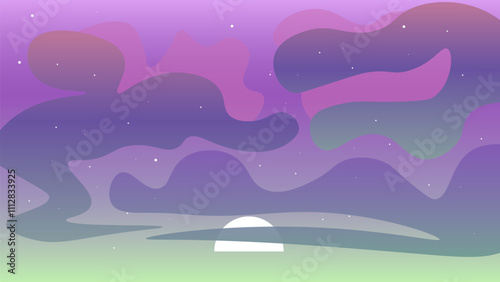 Abstract Green Purple Pink Landscape Background Banner Sunset Clouds Night Sky Vector Design