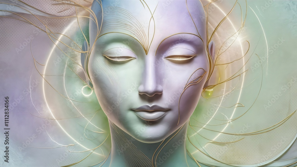 Serene AI Art, Tranquil Face with Golden Lines, Spiritual & Peaceful Abstract Portrait for Meditation, Yoga, Spa, Wellness Design Serene AI Art, Tranquil Face with Golden Lines, Spiritual & Peaceful Abstract Portrait for Meditation, Yoga, Spa, Wellness Design
