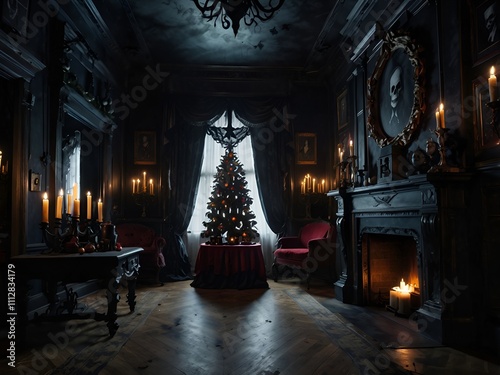 A gothic-style Christmas in a haunted mansion with eerie yet festive decorations