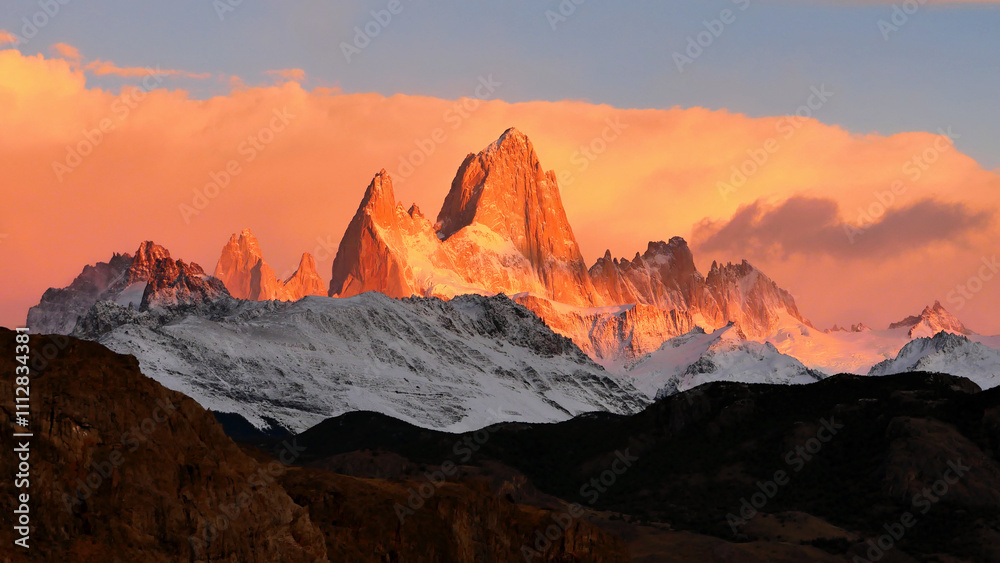 Naklejka premium Mountains in Patagonia illuminated by red light at sunrise