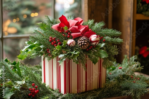 Beautifully arranged holiday gift box with decorations and greenery near a wi...