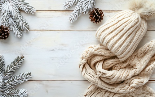 Cozy winter accessories arranged on a wooden surface with pine and snow elements