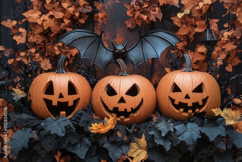 Halloween decorations featuring carved pumpkins and a bat in autumn foliage