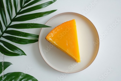 Bright yellow circle surrounded by lush green pine branches on a white surface