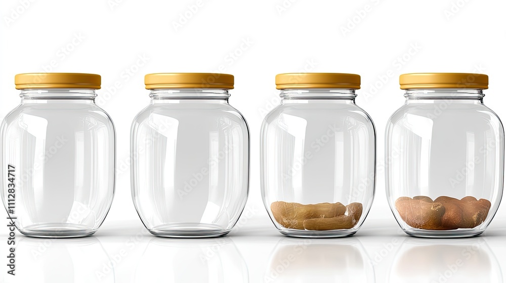 set of clear empty pet can jars for canning and preservation isolated on a white backgroun