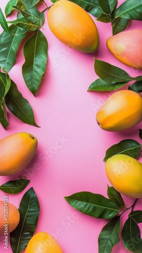 Fresh mangoes arranged on a pink background with green leaves for a vibrant d...