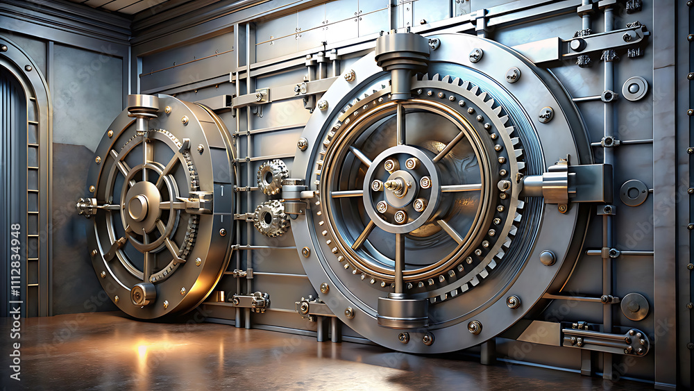 3D Illustration of Vault Door with Gears and Levers – Intricate Security System and Advanced Mechanical Design 3D Illustration of Vault Door with Gears and Levers – Intricate Security System and Advanced Mechanical Design