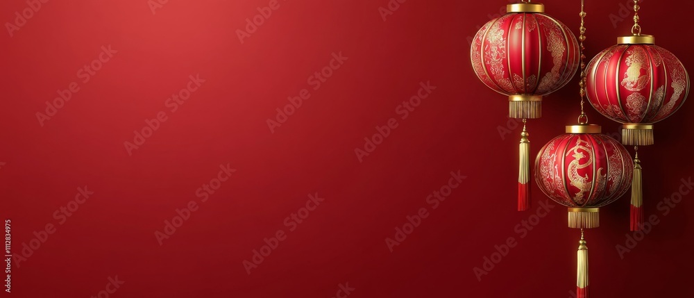 Chinese New Year A red background with three red lanterns hanging from it Chinese New Year A red background with three red lanterns hanging from it