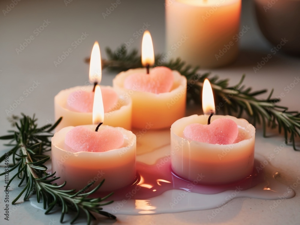 Lit candles with pink salt hearts and rosemary sprigs. Lit candles with pink salt hearts and rosemary sprigs.