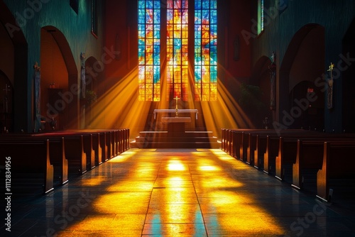 Sunlight streaming through stained glass windows in a serene church setting