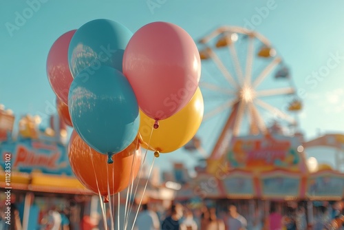 Colorful balloons at a fair with a ferris wheel in the background during sunn...
