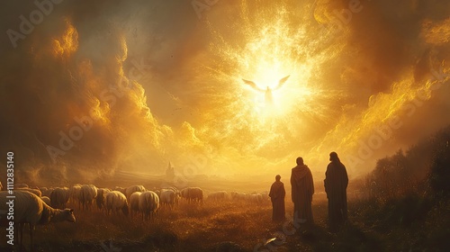 shepherds watching their flock in a field looking at an angel in the sky emanating light