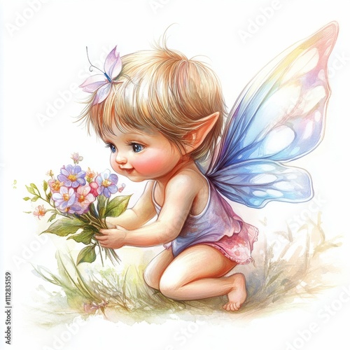 Child with butterfly wings exploring flowers in a magical garden setting