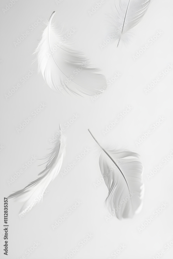 Fototapeta premium Ethereal Grace: White Feathers in Tranquil Descent on a Pristine Canvas