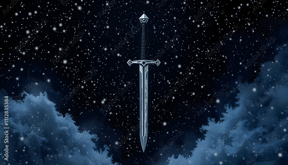 mysterious and magical photo of silver sword over gothic snowy black background. Medieval period concept isolated with white highlights, png mysterious and magical photo of silver sword over gothic snowy black background. Medieval period concept isolated with white highlights, png