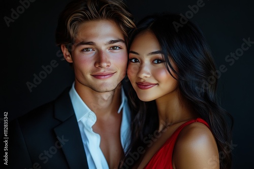 Romantic moment shared between a couple in elegant attire captured indoors at...