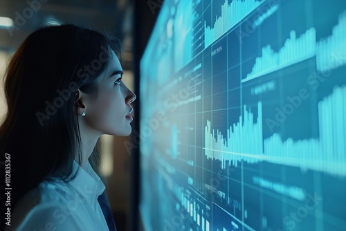 Woman analyzing data trends on a digital screen in a modern office environment
