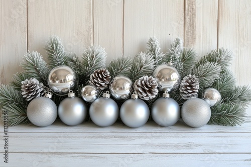 Elegant silver ornaments arranged on a frosted pine display for holiday celeb...