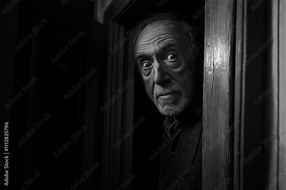 Naklejka premium Elderly man peering out from a dark cabinet with a surprised expression