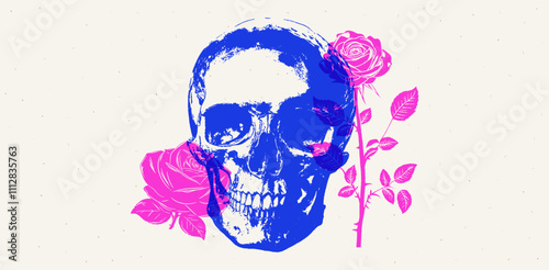 Vector print of vintage skull and rose. Isolated blue and pink design with grunge texture, featuring a scary skeleton head and floral elements.