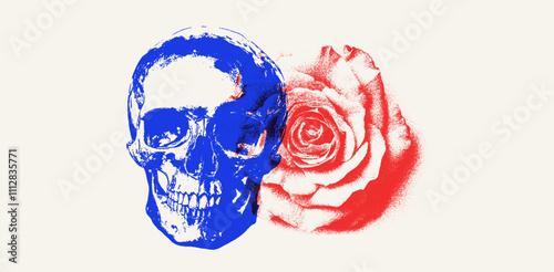 Vintage skull and rose vector print with grunge spray effect. Gothic art design featuring a human skull, floral elements, and halftone graffiti style.