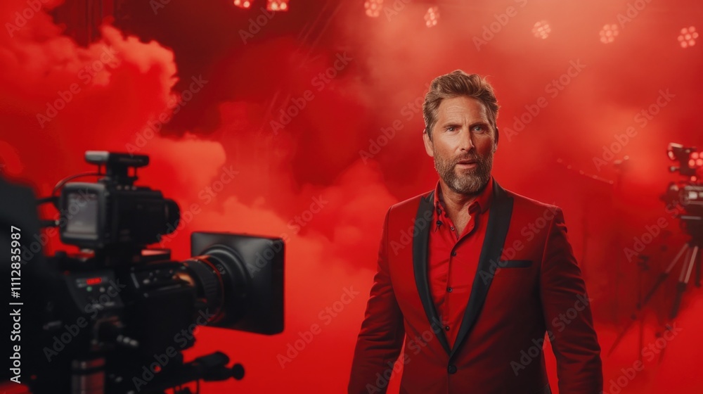 Elegant Man Hosting a Show on Red Lit Stage with Camera Equipment Elegant Man Hosting a Show on Red Lit Stage with Camera Equipment