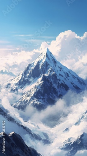 Majestic mountain peak rises above clouds under a bright blue sky