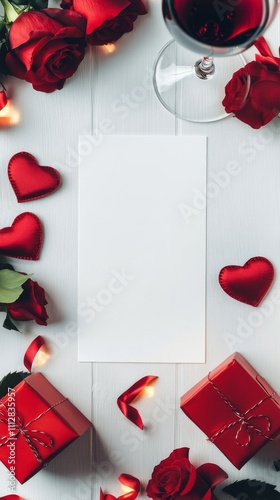 Romantic red decorations with gifts and a blank card for a special occasion c...