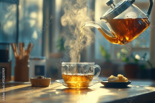 Enjoying a warm cup of tea with herbs in a cozy kitchen during the afternoon