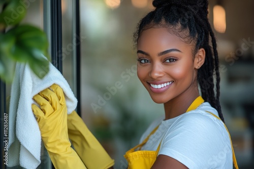 Smiling woman cleaning a glass surface at a bright indoor location during the...