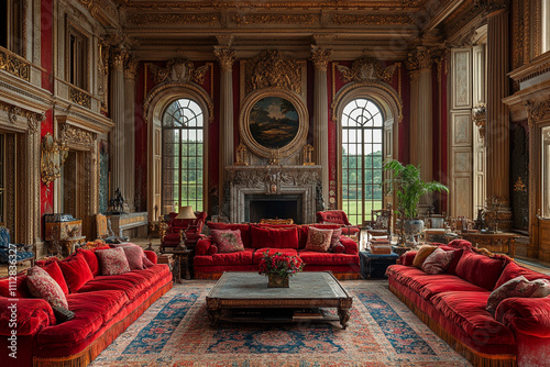 Grand Living Room with Red Velvet Sofas and Ornate Details