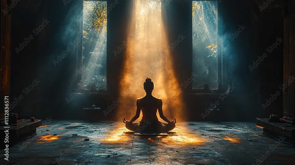 silhouette of person meditating in a dark room with light beam through the window silhouette of person meditating in a dark room with light beam through the window