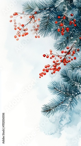 Winter landscape with pine branches and red berries set against a snowy backg...