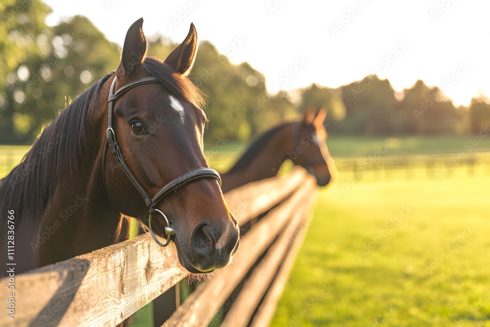 Naklejka premium Two Dark Brown Horses Standing Gracefully Behind a Wooden Fence, Surrounded by a Rustic Countryside Setting