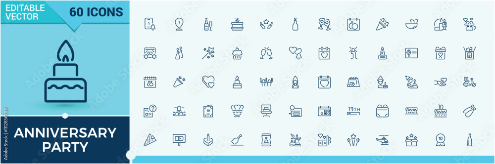 Anniversary Party line web icon set. Includes thin line celebration, banquet, balloon, balloons, appreciate and more. Set of line pictogram. Editable vector stroke. Anniversary Party line web icon set. Includes thin line celebration, banquet, balloon, balloons, appreciate and more. Set of line pictogram. Editable vector stroke.