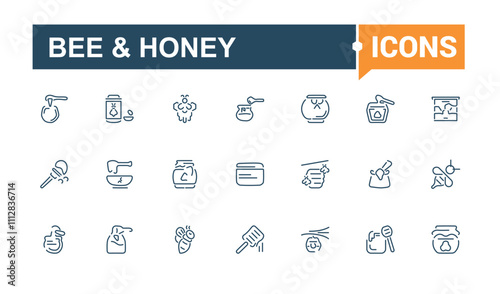 Bee And Honey icon set. Contains related to collection, honey jar, glyph, apiarist, illustration, tool, sign and more. Collection for mobile and web apps. Editable vector stroke.
