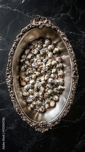 Elegant serving dish filled with gourmet popcorn varieties on a dark marble s...