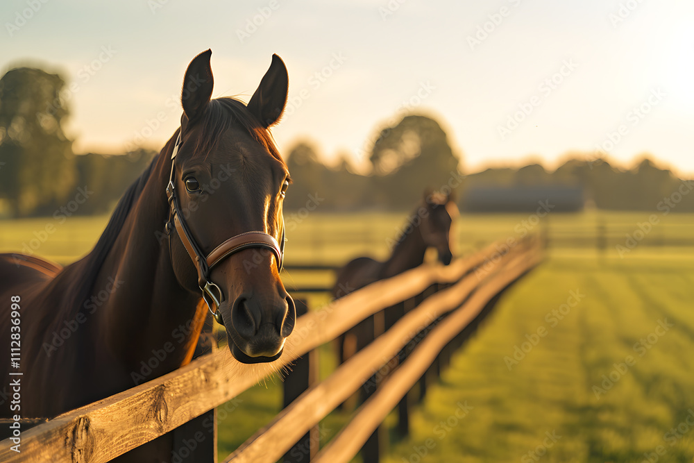 Obraz premium Two Dark Brown Horses Standing Gracefully Behind a Wooden Fence, Surrounded by a Rustic Countryside Setting