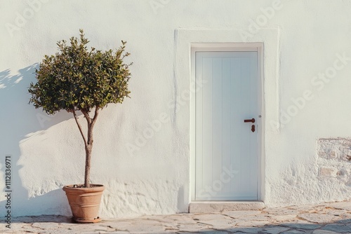 White wall with door and decorative tree in a sunny outdoor space during daytime