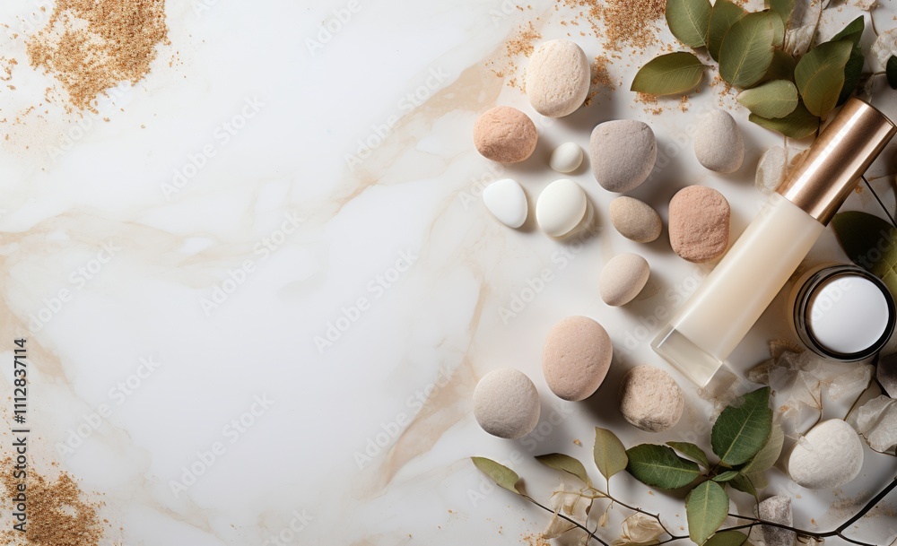 Natural skincare products arranged with stones and leaves on a marble surface Natural skincare products arranged with stones and leaves on a marble surface