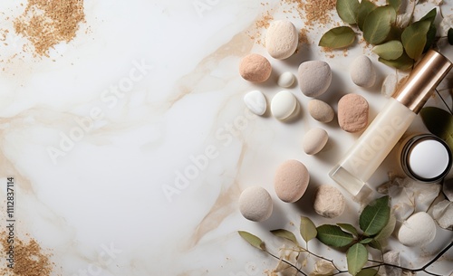 Natural skincare products arranged with stones and leaves on a marble surface
