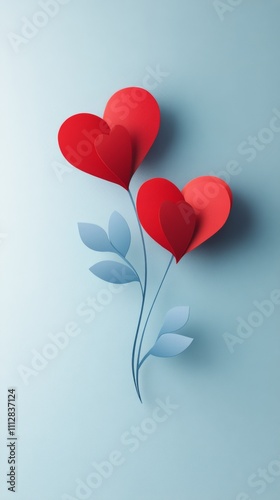 Three red paper hearts against a light blue background create a cheerful deco...
