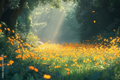 Sunlight filters through trees over a field of vibrant yellow flowers in a se...