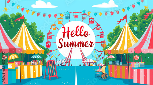 A vibrant summer fair scene with colorful tents, a Ferris wheel, and festive decorations inviting joy and excitement on a sunny day
