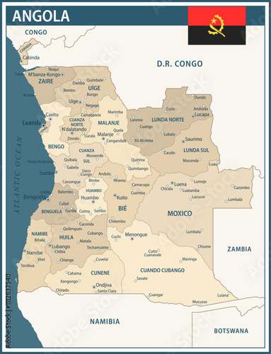 Angola Map Vector Vintage Dark Blue Beige - Customizable layered political map of Angola with administrative divisions for website, education, reports, news, politics, print, poster and wallpaper