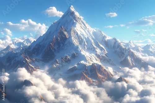 Snow covered mountain peaks rise majestically against a clear blue sky filled...