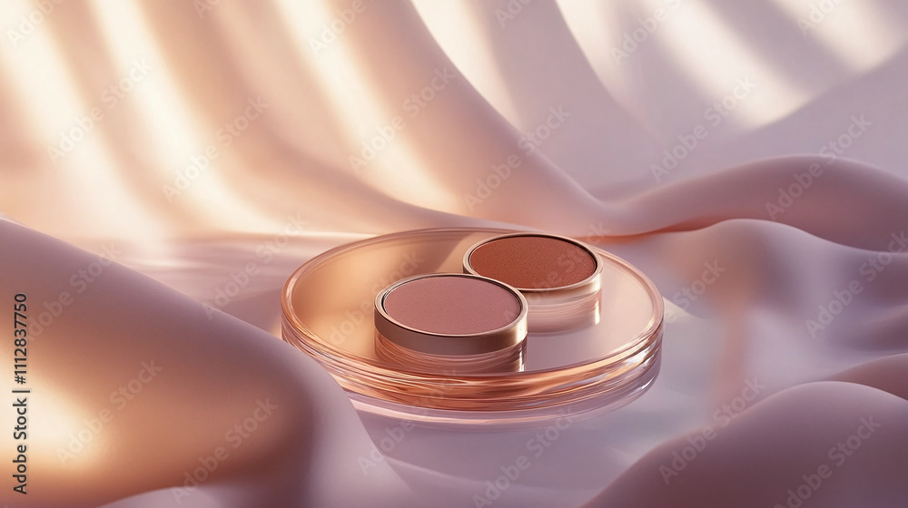Soft Textures and Elegant Colors Create a Luxurious Display of Beauty Products on Delicate Fabric in a Serene Setting