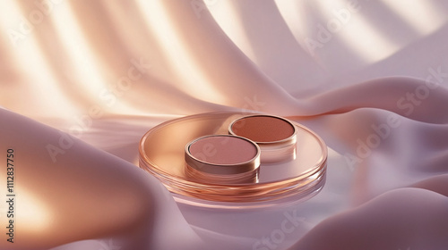 Obraz na płótnie Soft Textures and Elegant Colors Create a Luxurious Display of Beauty Products on Delicate Fabric in a Serene Setting w salonie