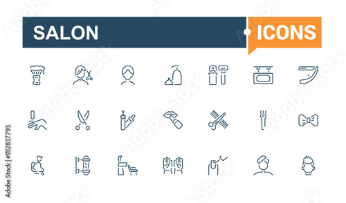 Salon and Barber Shop icon set. Includes icons for coiffure, haircutting, haircut, hair, barber, cream, hairbrush. Perfect for logos and infographics. Editable vector icon and illustration.